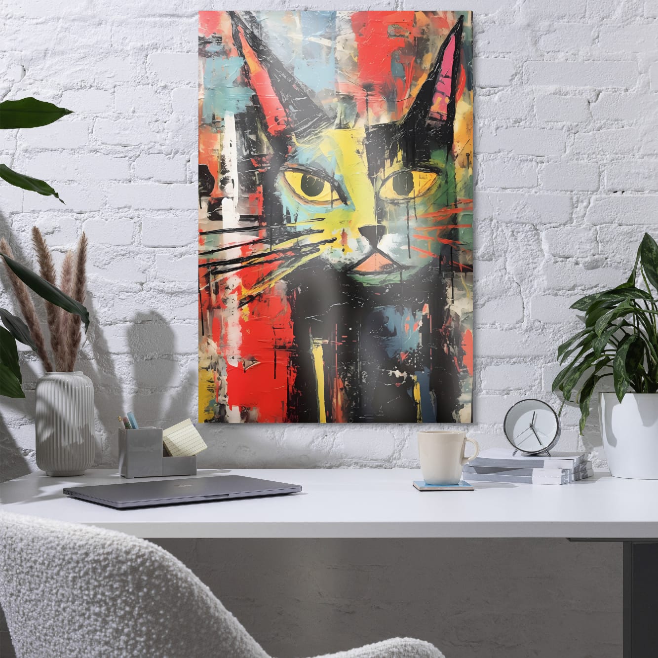 Abstract cat metal poster on white brick wall in stylish home office with plants