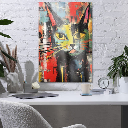 Abstract cat metal poster on white brick wall in stylish home office with plants