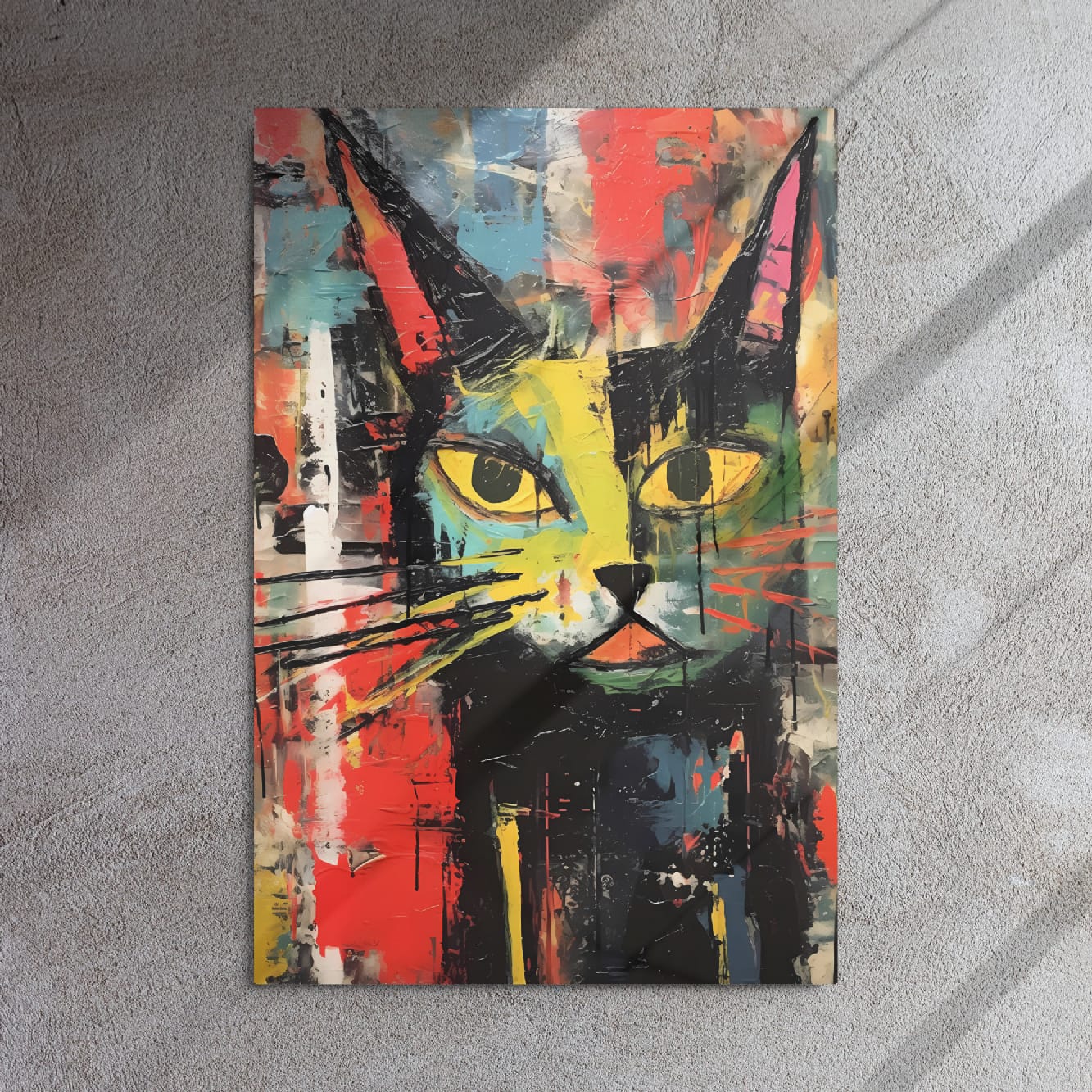 Vivid feline abstract art print on concrete wall with dramatic natural lighting