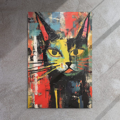 Vivid feline abstract art print on concrete wall with dramatic natural lighting