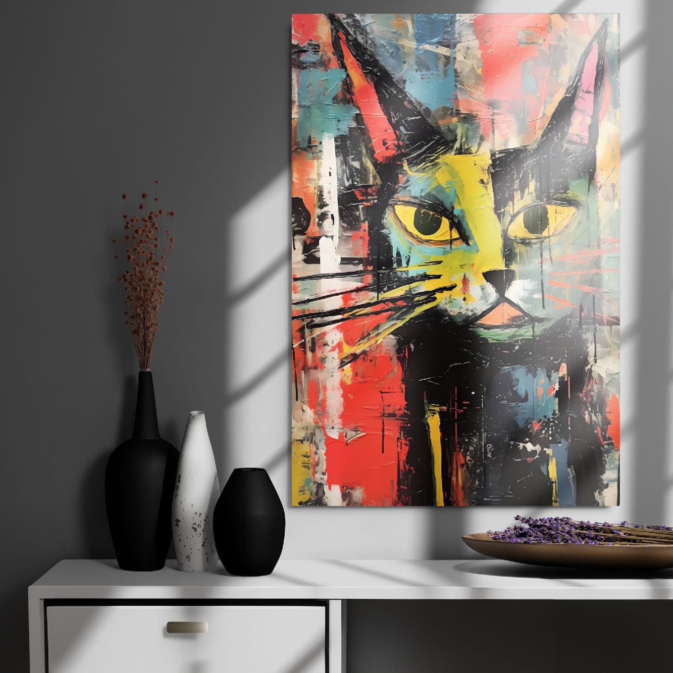 Colorful cat portrait metal wall art in contemporary living room with gray walls