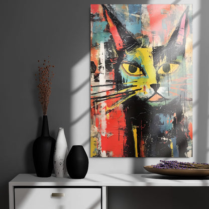 Colorful cat portrait metal wall art in contemporary living room with gray walls