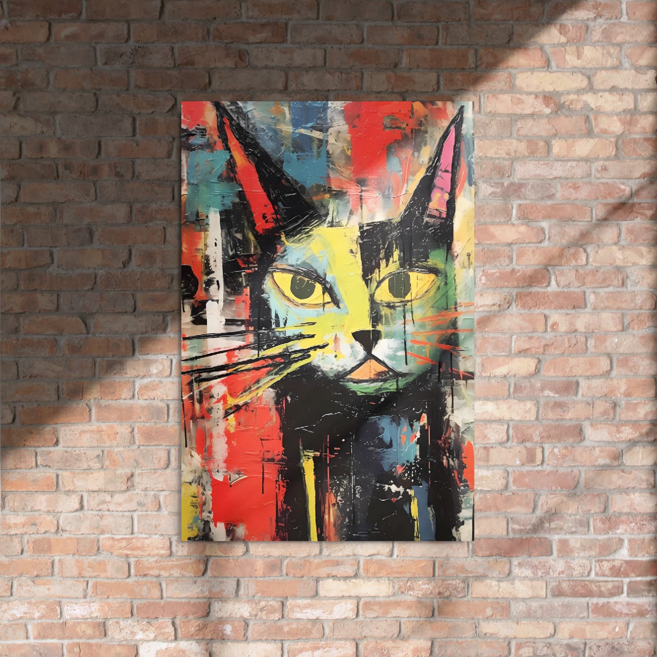 Abstract expressionist cat glossy metal print mounted on exposed brick wall