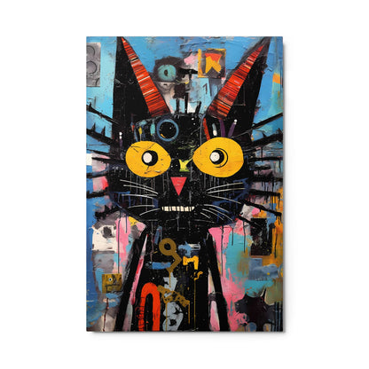 Neo-expressionist black cat painting with big yellow eyes on blue abstract background metal print