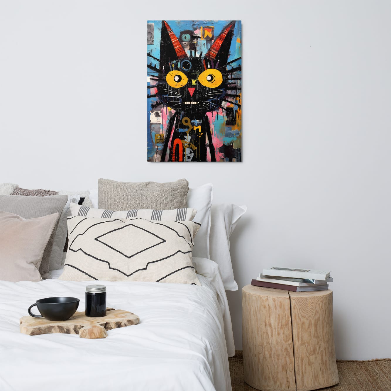 Quirky abstract cat wall art 24″×36″ displayed above bed in cozy modern bedroom