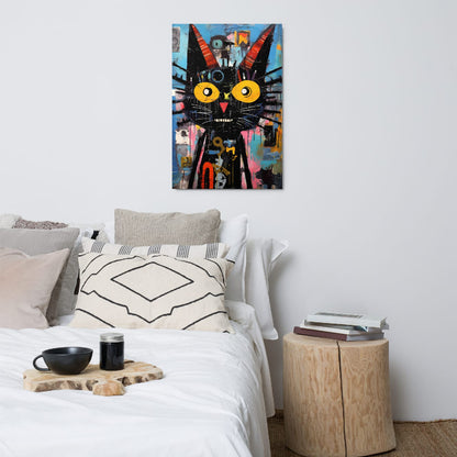 Quirky abstract cat wall art 24″×36″ displayed above bed in cozy modern bedroom