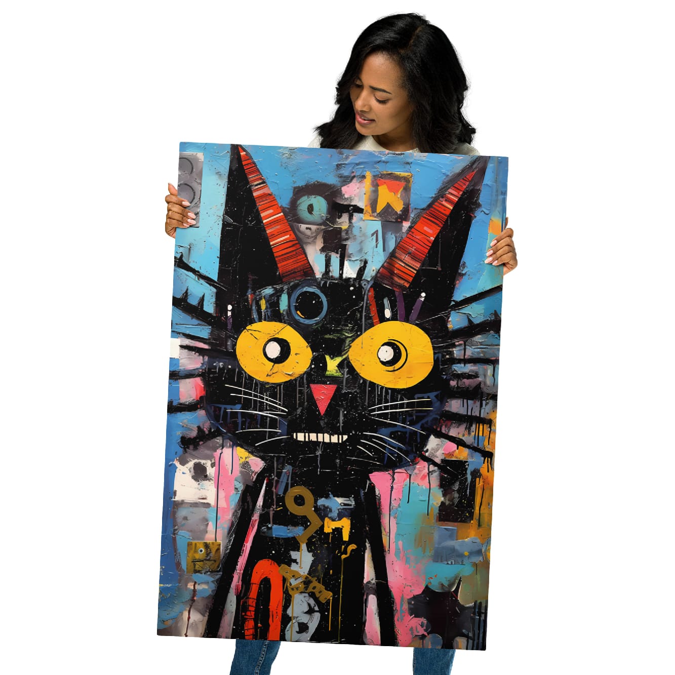 Colorful street art style cat metal poster on white brick wall in home office