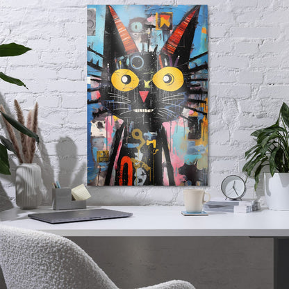 Woman holding large 24″×36″ glossy metal print with whimsical black cat artwork