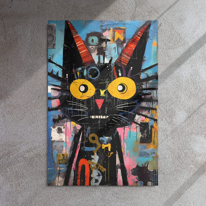 Bold abstract cat art print on gray concrete wall with natural sunlight and shadows