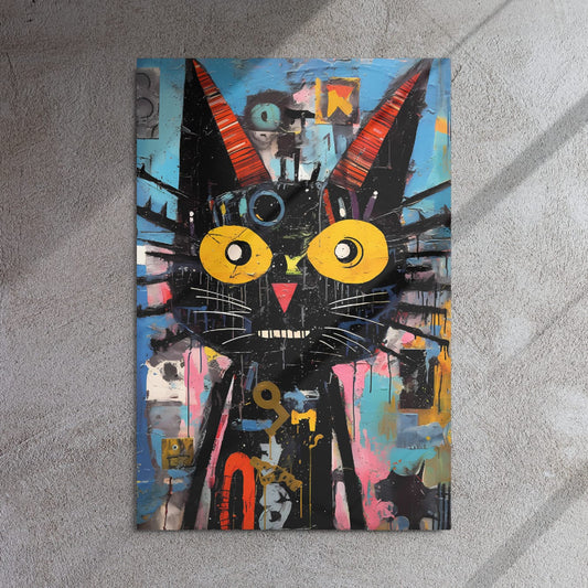Bold abstract cat art print on gray concrete wall with natural sunlight and shadows