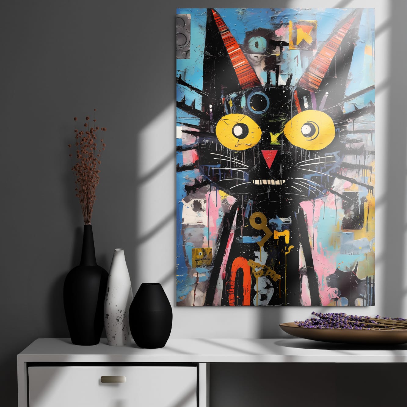 Mystical gaze cat metal wall art in elegant living room with decorative vases