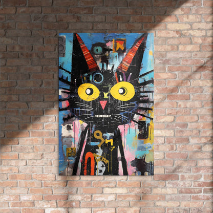 Urban art inspired cat glossy poster 24″×36″ mounted on rustic brick wall