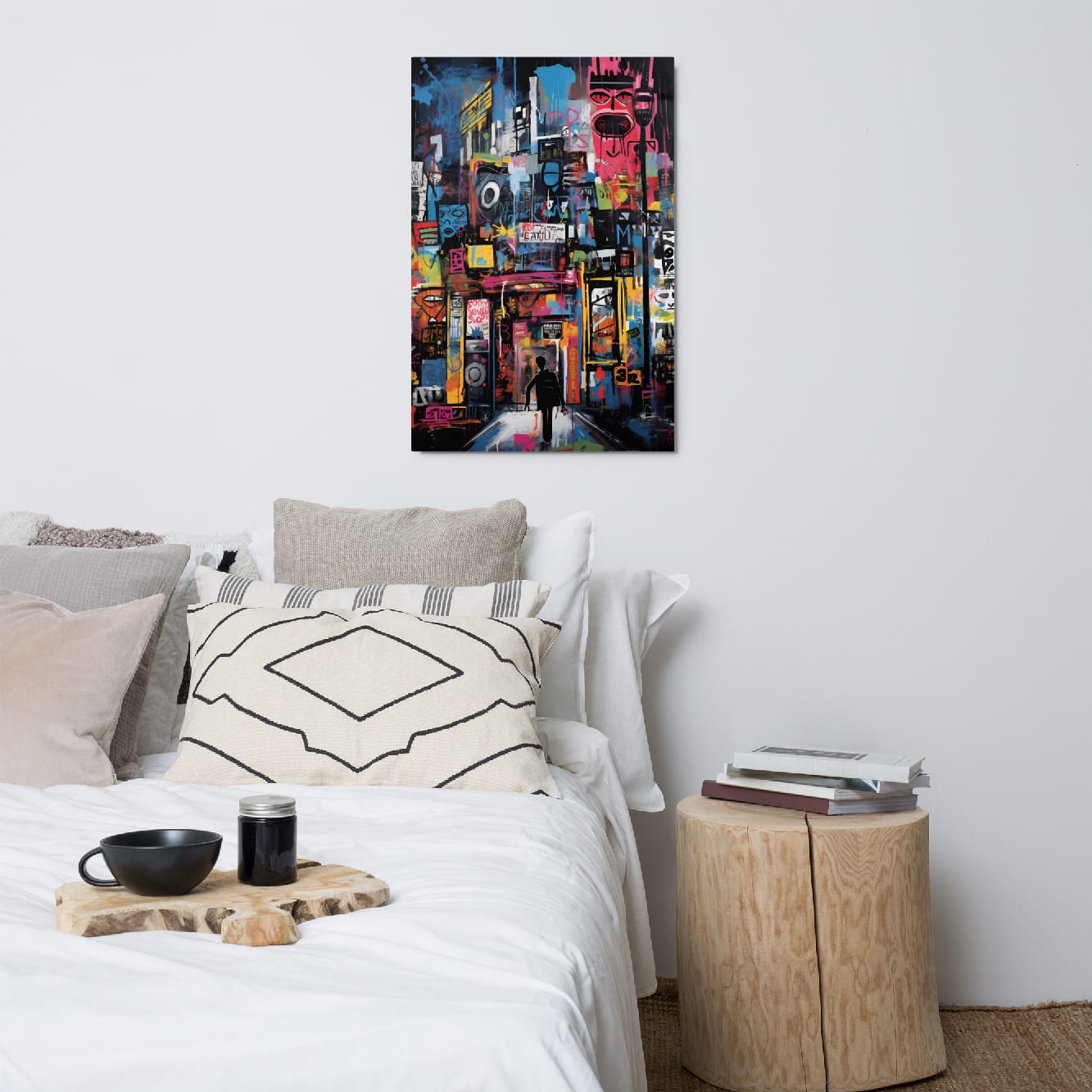 Neon graffiti cityscape metal wall art for bedroom mounted above cozy bed with neutral bohemian decor