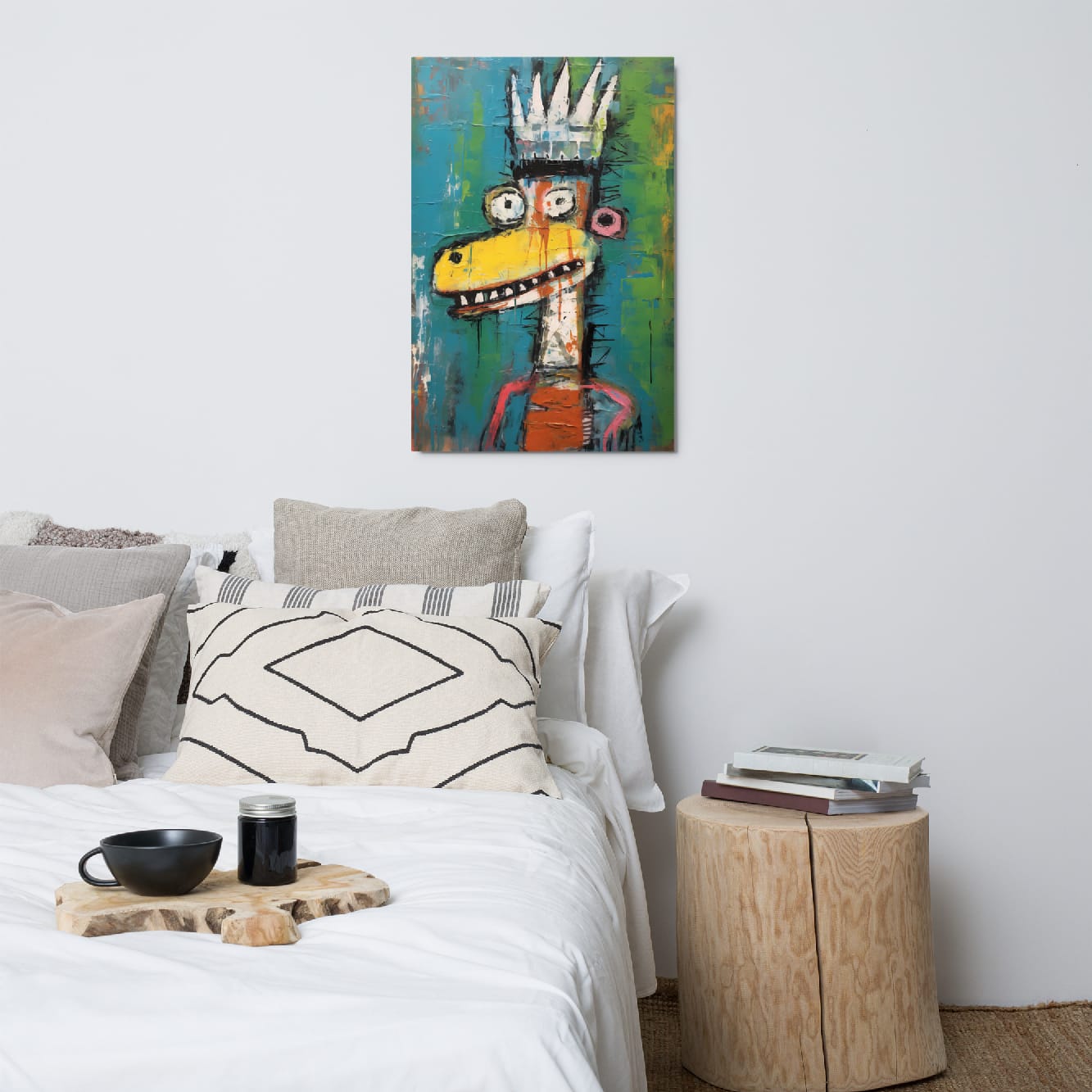 "Crowned Beast" glossy metal poster 24"x36" above bed in a modern bedroom, vibrant street-art crowned beast wall decor with spiky crown, cartoon eyes, orange paint drips, and teal graffiti background, by GiveMeMood