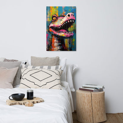"Gator Grin" glossy metal poster 24"x36" above bed in a modern bedroom, vibrant graffiti crocodile grin wall art with sharp teeth, pink snout, and teal-to-lime paint-drip background, by GiveMeMood