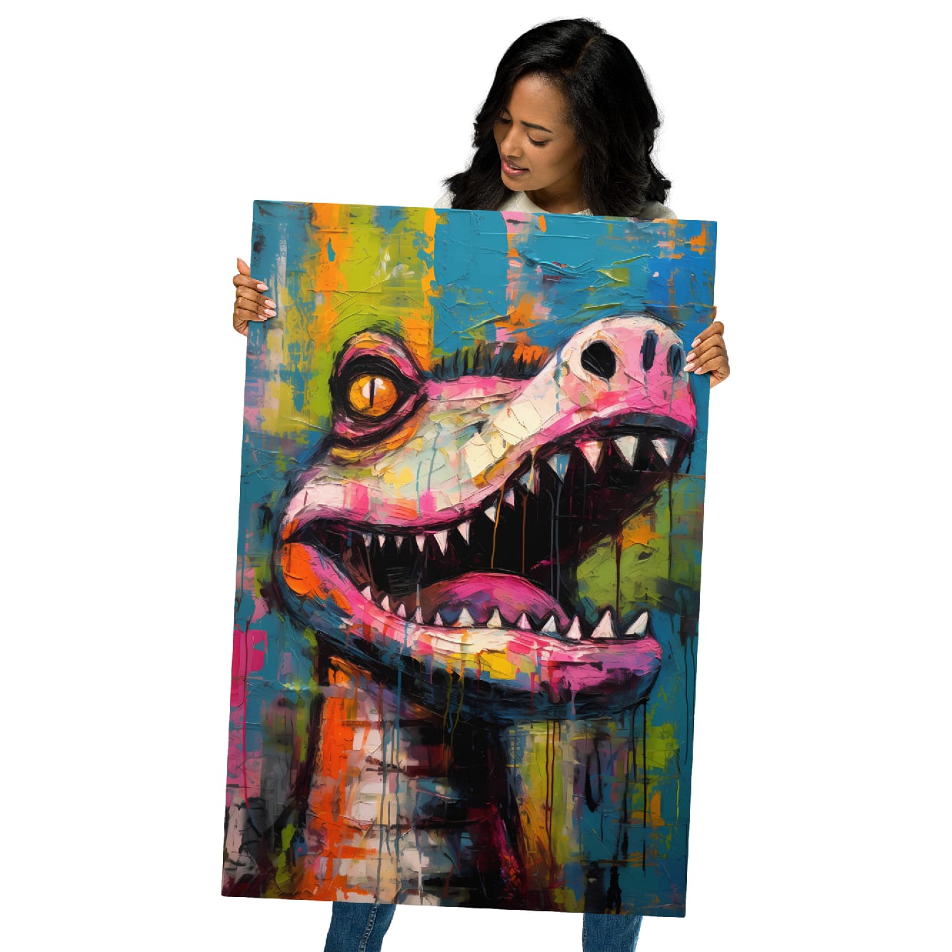"Gator Grin" glossy metal poster 24"x36" held by model, oversized street-art crocodile wall print with wide toothy grin, neon pink muzzle, yellow eye, and distressed teal-blue paint-drip background, by GiveMeMood