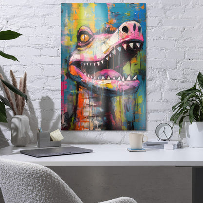 "Gator Grin" glossy metal poster 24"x36" in a home office above desk on white brick wall, vibrant graffiti crocodile portrait with open jaws, jagged teeth, neon pink snout, and teal-lime textured paint, by GiveMeMood