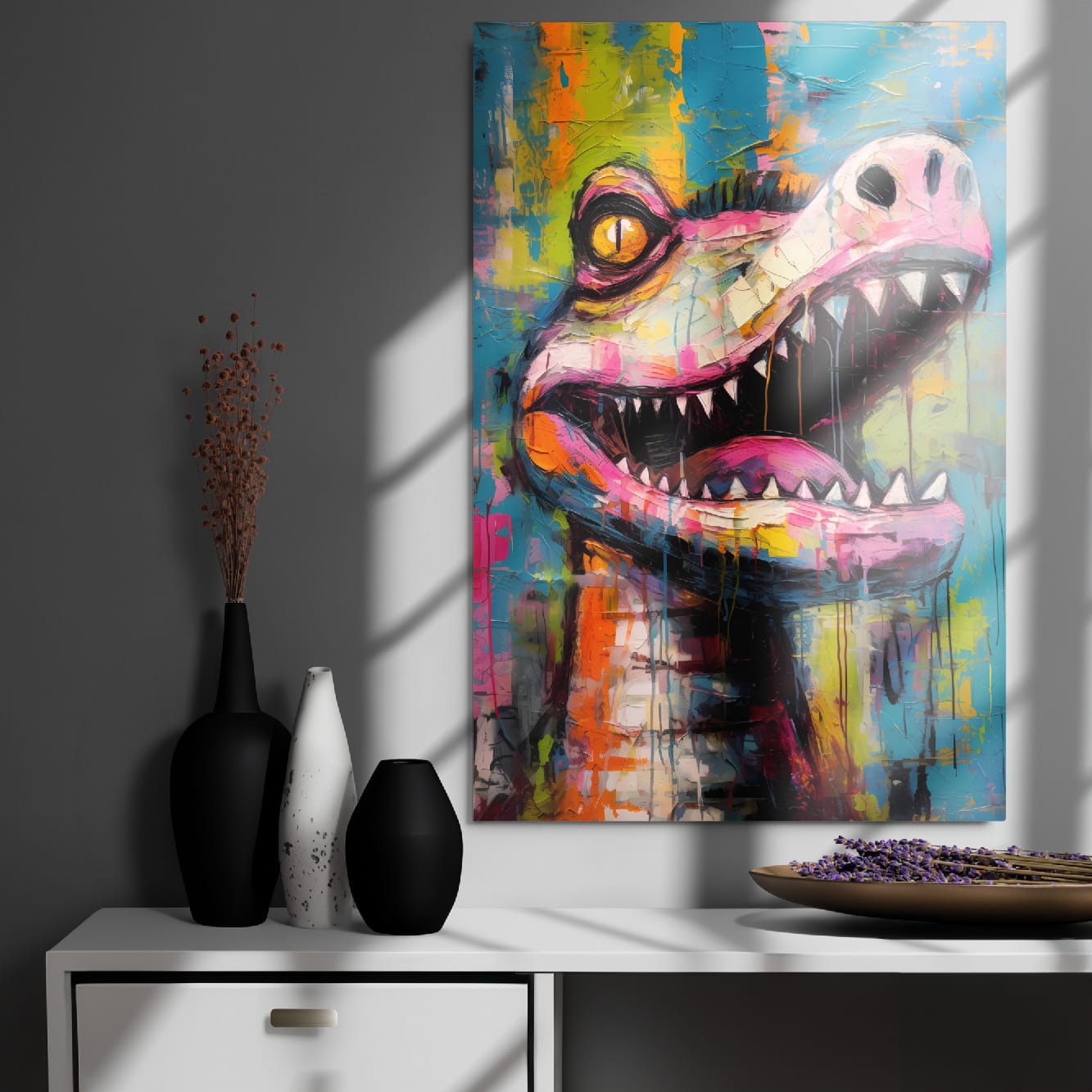"Gator Grin" glossy metal poster 24"x36" on modern gray wall above console decor with window-light shadows, colorful street-art crocodile head with sharp teeth, yellow eye, and teal paint-drip background, by GiveMeMood