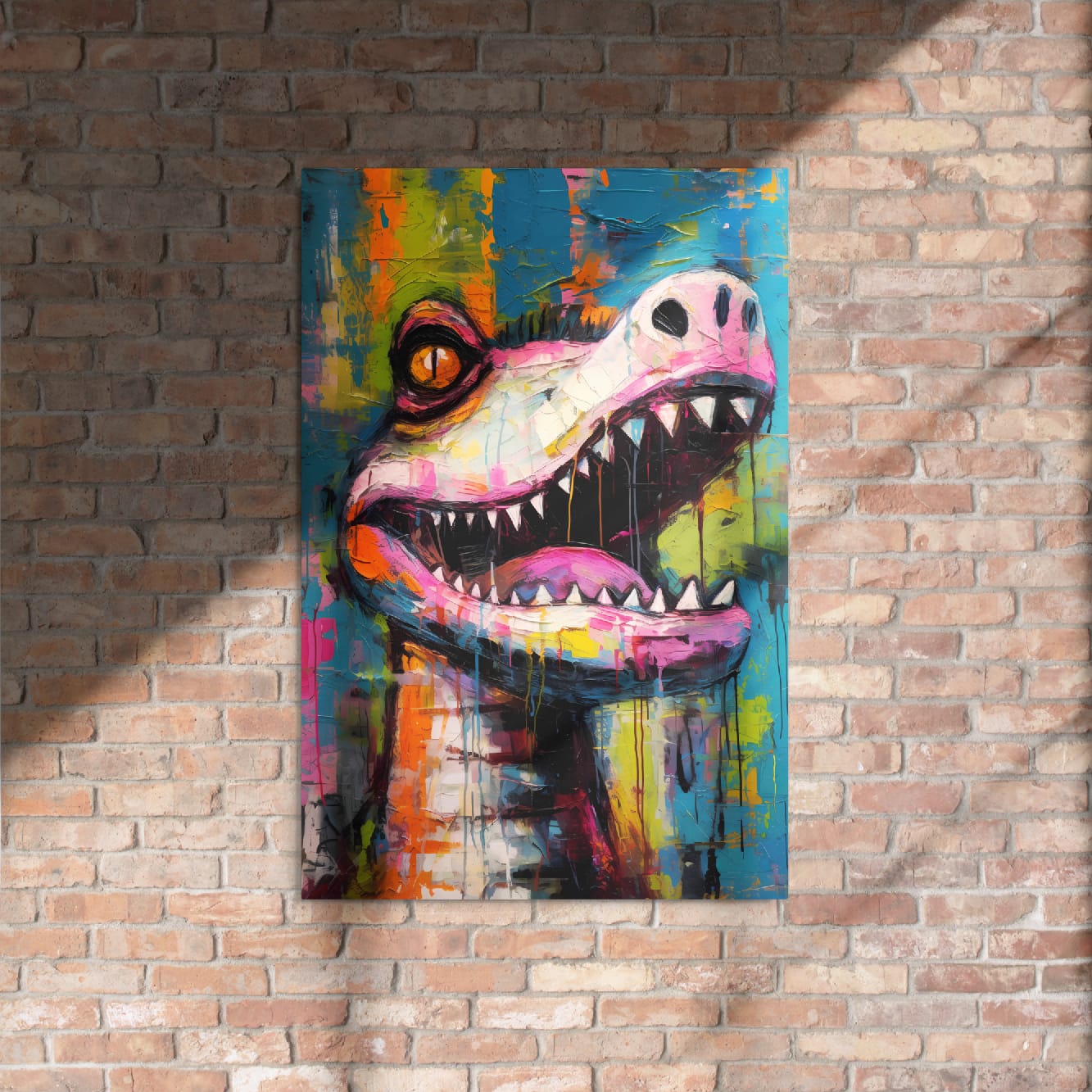 "Gator Grin" glossy metal poster 24"x36" on rustic brick wall with sun shadows, street-art crocodile head wall decor with sharp teeth, yellow eye, and colorful teal/orange paint splashes, by GiveMeMood