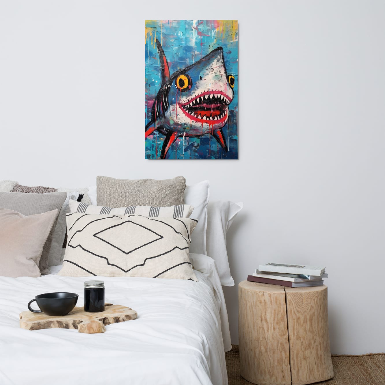 "Neon Predator" glossy metal poster 24"x36" above bed in a modern bedroom, vibrant graffiti shark metal wall art with open jaws, pointed teeth, bright yellow eyes, and layered blue street-art splashes, by GiveMeMood