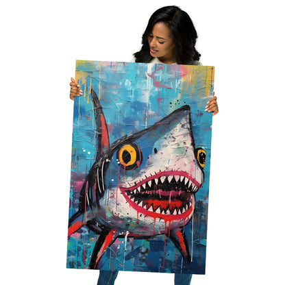 "Neon Predator" glossy metal poster 24"x36" held by model, oversized graffiti shark metal wall art with fierce open-mouth grin, sharp teeth, neon yellow eyes, and bold paint-drip details, by GiveMeMood
