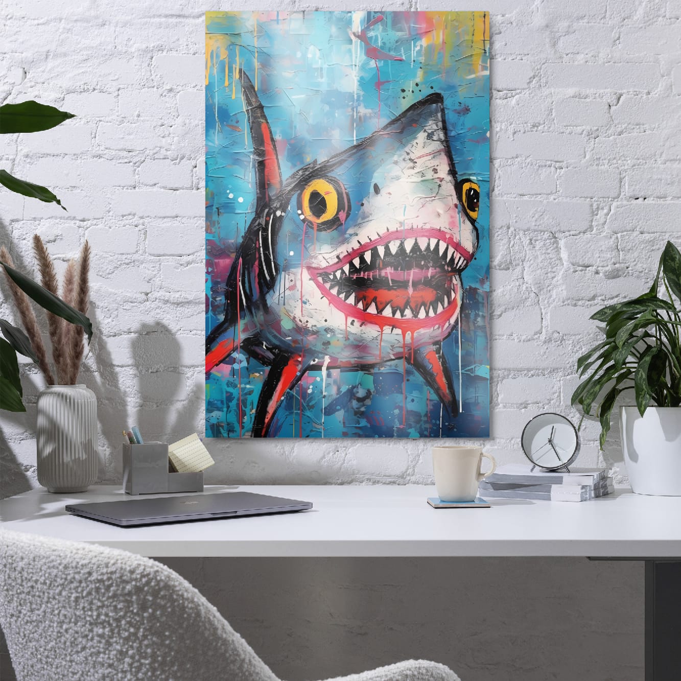 "Neon Predator" glossy metal poster 24"x36" in a home office above desk on white brick wall, graffiti shark wall decor with neon yellow eyes, sharp teeth, red-pink mouth, and vibrant blue paint-splatter background, by GiveMeMood