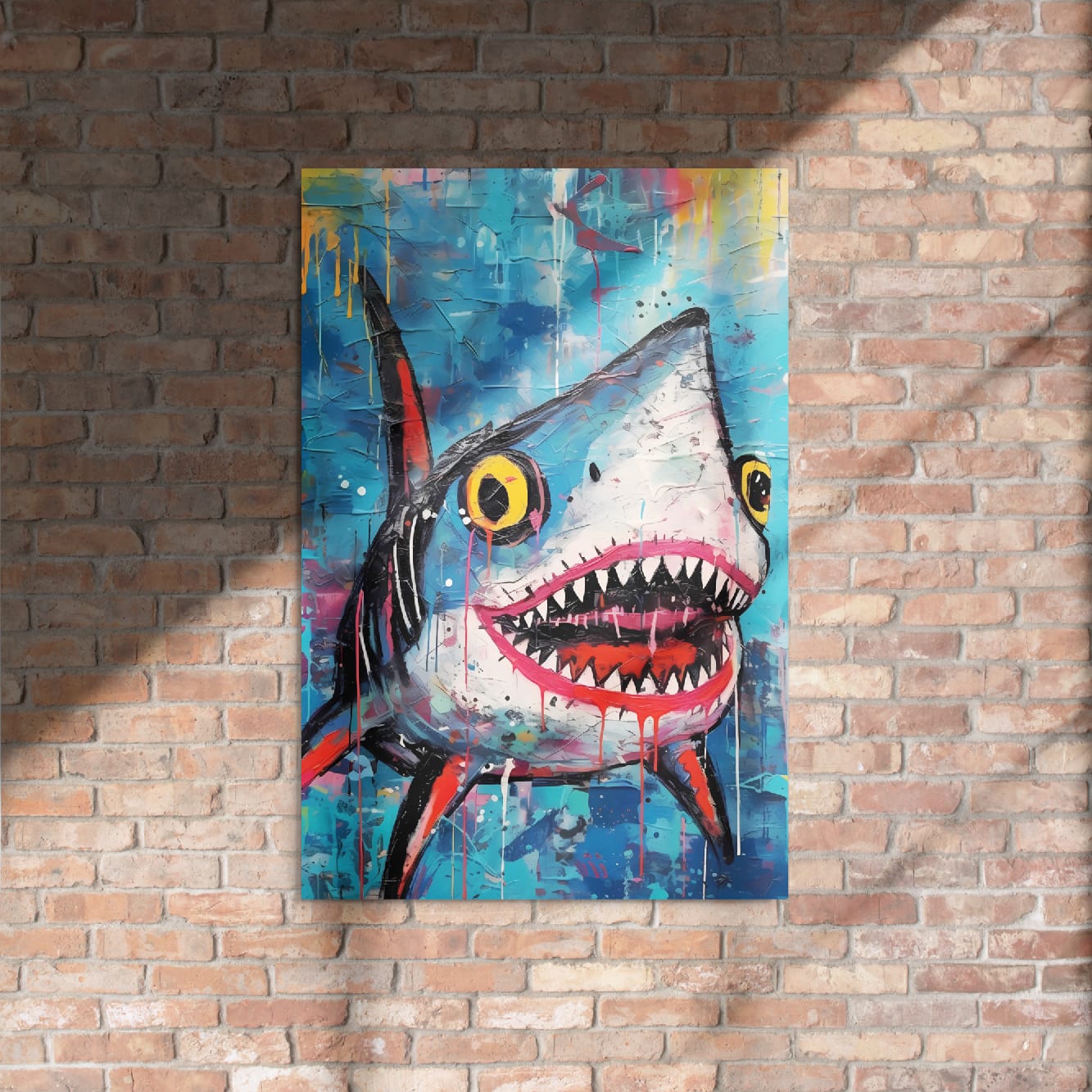 "Neon Predator" glossy metal poster 24"x36" on rustic brick wall with sun shadows, graffiti-style shark wall art with wide open mouth, jagged teeth, yellow eyes, and blue paint-splatter background, by GiveMeMood