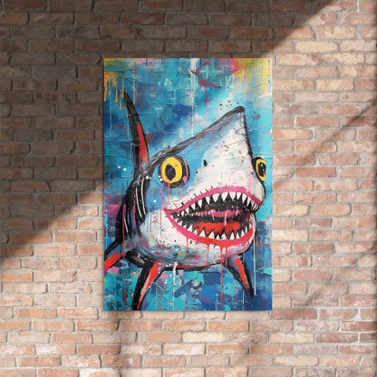 "Neon Predator" glossy metal poster 24"x36" on rustic brick wall with sun shadows, graffiti-style shark wall art with wide open mouth, jagged teeth, yellow eyes, and blue paint-splatter background, by GiveMeMood
