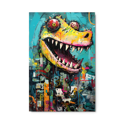 "Grinning Predator" glossy metal poster 24"x36" product photo on white background, close-up crocodile wall art with teal/turquoise field, vivid yellow snout, colorful street-collage layers, and glossy aluminum finish details, by GiveMeMood