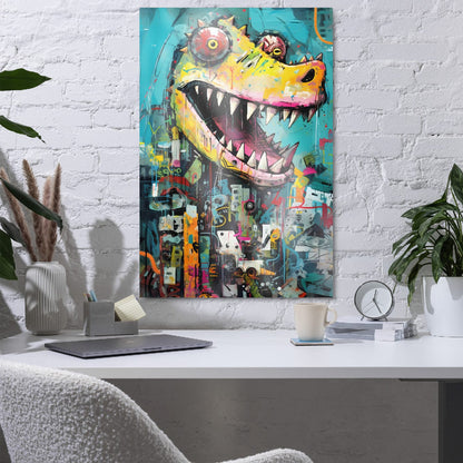 "Grinning Predator" glossy metal poster 24"x36" in a home office above desk on white brick wall, vibrant crocodile metal wall art with turquoise backdrop, colorful urban collage textures, and bold toothy smile, by GiveMeMood