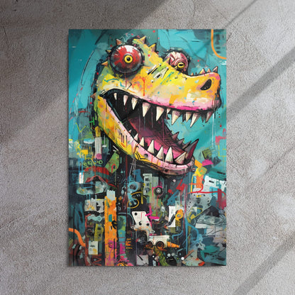 "Grinning Predator" glossy metal poster 24"x36" on textured concrete wall with diagonal window-light shadows, contemporary graffiti crocodile head with turquoise background, neon yellow snout, sharp teeth highlights, and dripping paint accents, by GiveMeMood
