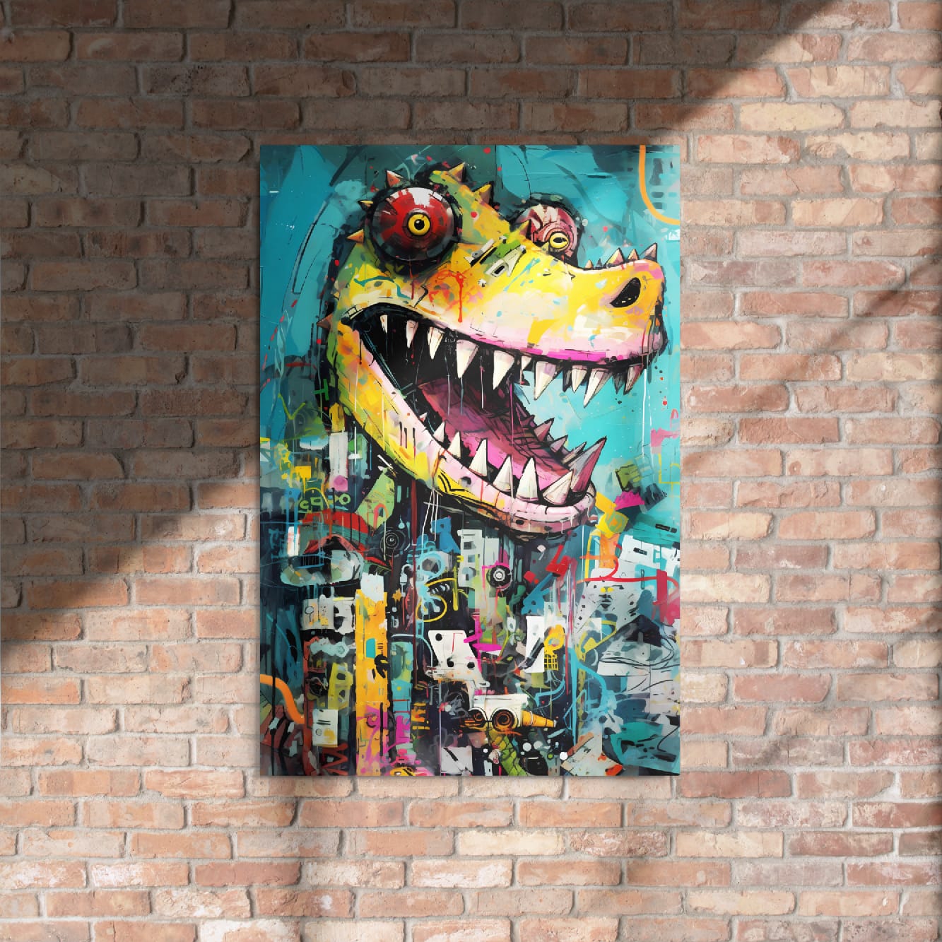 "Grinning Predator" glossy metal poster 24"x36" on rustic brick wall with sun shadows, street-art crocodile portrait with teal background, bright yellow-green face, pink mouth accents, and splattered paint drips, by GiveMeMood