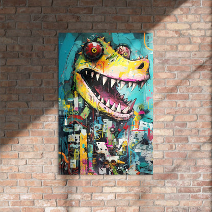 "Grinning Predator" glossy metal poster 24"x36" on rustic brick wall with sun shadows, street-art crocodile portrait with teal background, bright yellow-green face, pink mouth accents, and splattered paint drips, by GiveMeMood